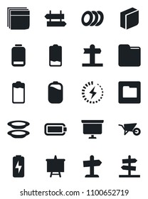 Set of vector isolated black icon - signpost vector, presentation board, wheelbarrow, battery, low, folder, charge, blank box, plates, guidepost