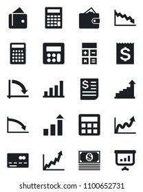 Set of vector isolated black icon - credit card vector, growth statistic, calculator, crisis graph, receipt, bar, wallet, cash, presentation