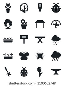 Set of vector isolated black icon - sun vector, flower in pot, ripper, tree, butterfly, lady bug, seedling, rain, plant label, picnic table, tulip
