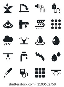 Set of vector isolated black icon - crisis graph vector, watering, water drop, rain, drip irrigation, dropper, menu, supply, sprinkler