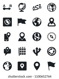 Set of vector isolated black icon - globe vector, seat map, route, navigation, earth, pin, mobile tracking, network, place tag, compass, flag