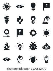 Set of vector isolated black icon - sun vector, bulb, lady bug, fire, eye, important flag, brightness, desk lamp, water, energy saving, shining head, idea