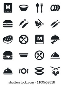 Set of vector isolated black icon - spoon and fork vector, dish, cafe, menu, plates, waiter, steak, kebab, hamburger, bowl, sushi