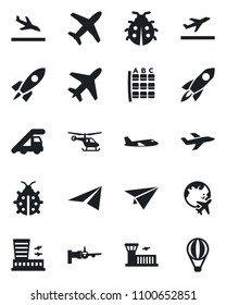 Set of vector isolated black icon - plane vector, departure, arrival, ladder car, boarding, helicopter, seat map, globe, airport building, lady bug, rocket, paper, air balloon