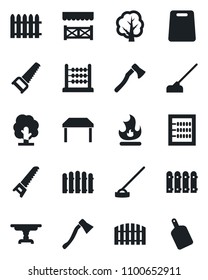 Set of vector isolated black icon - fence vector, tree, saw, fire, hoe, axe, abacus, table, alcove, cutting board