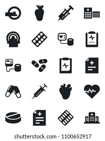 Set of vector isolated black icon - heart pulse vector, diagnosis, syringe, blood pressure, pills, blister, tomography, real, clipboard, hospital
