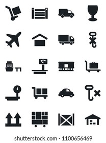 Set of vector isolated black icon - plane vector, baggage trolley, car delivery, sea port, container, consolidated cargo, fragile, warehouse storage, up side sign, no hook, heavy scales, railroad