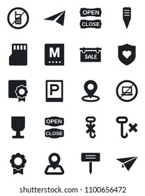 Set of vector isolated black icon - parking vector, no mobile, laptop, plant label, heart shield, navigation, fragile, hook, sd, place tag, sertificate, sale, menu, open close, paper plane