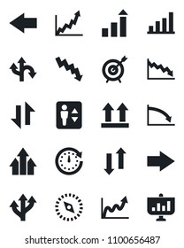Set of vector isolated black icon - elevator vector, right arrow, left, growth statistic, crisis graph, route, up side sign, data exchange, compass, bar, target, clock, presentation