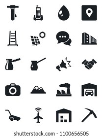 Set of vector isolated black icon - plane radar vector, tie, factory, ladder, lawn mower, water drop, office phone, camera, dialog, place tag, handshake, sun panel, mountains, garage, warehouse