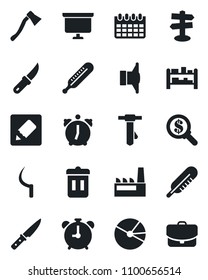 Set of vector isolated black icon - alarm clock vector, tie, presentation board, calendar, sickle, garden knife, axe, thermometer, signpost, rack, speaker, notes, pie graph, factory, trash bin, case