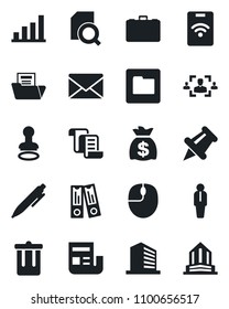 Set of vector isolated black icon - trash bin vector, stamp, manager, contract, mail, office building, case, binder, mouse, pen, money bag, paper pin, folder, bar graph, news, document, search, hr