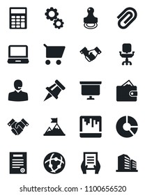 Set of vector isolated black icon - handshake vector, presentation board, document, circle chart, laptop pc, scanner, network, drawing pin, paper clip, calculator, office chair, support, contract