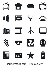 Set of vector isolated black icon - tv vector, radio phone, garage, rent, sold signboard, cushioned furniture, smart home, fan, irrigation, web camera, gear, sound, jalousie, police, windmill