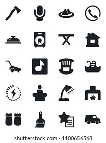 Set of vector isolated black icon - reception vector, lawn mower, house, axe, picnic table, microphone, speaker, favorites list, themes, music, charge, desk lamp, pool, children room, fireplace, car