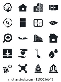 Set of vector isolated black icon - automatic door vector, plane, tree, house, heart hand, eye, molecule, download, compass, office building, sun panel, plan, estate search, ladle, water, fridge