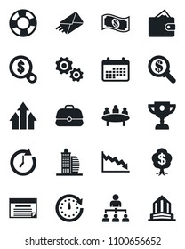 Set of vector isolated black icon - hierarchy vector, meeting, office building, arrow up graph, gear, wallet, clock, crisis, money search, calendar, cash, case, schedule, management, mail, award cup