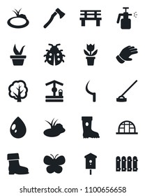Set of vector isolated black icon - flower in pot vector, seedling, tree, glove, boot, butterfly, lady bug, water drop, well, hoe, sickle, axe, bench, greenhouse, pond, bird house, garden sprayer