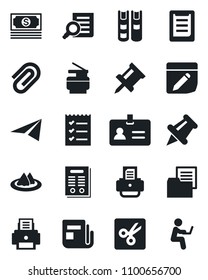 Set of vector isolated black icon - identity vector, document search, printer, cash, clipboard, folder, news, paper pin, notes, cut, drawing, clip, checklist, copier, contract, book, serviette