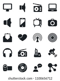 Set of vector isolated black icon - vinyl vector, camera, radio, antenna, satellite, speaker, tv, video, cell phone, headphones, monitor, laptop pc, heart, mail, sound, social media
