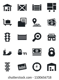 Set of vector isolated black icon - baggage trolley vector, navigation, store, cash, traffic light, sea shipping, cargo container, clock, port, consolidated, folder document, warehouse, heavy