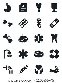 Set of vector isolated black icon - watering vector, diagnosis, syringe, pills, blister, patch, ambulance star, heart hand, stomach, tooth, implant, broken bone, diet, fragile, no hook, bathroom