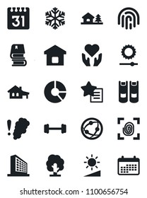 Set of vector isolated black icon - office building vector, book, circle chart, tree, barbell, heart hand, network, favorites list, calendar, brightness, fingerprint id, house with garage, snowflake