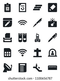 Set of vector isolated black icon - satellite antenna vector, escalator, bomb in case, reception, book, document, reload, signpost, office phone, sim, notes, wireless, identity card, paper tray, pen