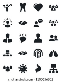 Set of vector isolated black icon - dispatcher vector, team, brainstorm, heart, stomach, lungs, tooth, eye, virus, client, speaker, group, user, fingerprint id, shining head, hierarchy