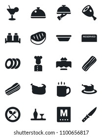 Set of vector isolated black icon - spoon and fork vector, coffee, cook, dish, alcohol, restaurant table, menu, reserved, cocktail, plates, bacon, waiter, salt pepper, chicken, steak, ham, bowl
