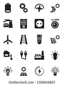 Set of vector isolated black icon - factory vector, ripper, ladder, remote control, low battery, rca, charge, sun panel, windmill, home, socket, bulb, alarm led, gear, idea