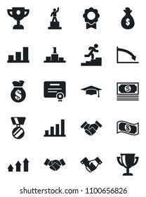 Set of vector isolated black icon - handshake vector, pedestal, medal, graduate, cash, sertificate, bar graph, career ladder, arrow up, money bag, crisis, certificate, award cup