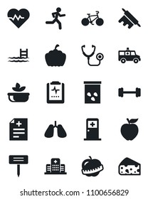 Set of vector isolated black icon - medical room vector, plant label, pumpkin, seeds, heart pulse, diagnosis, stethoscope, ambulance car, barbell, bike, run, lungs, clipboard, diet, hospital, pool