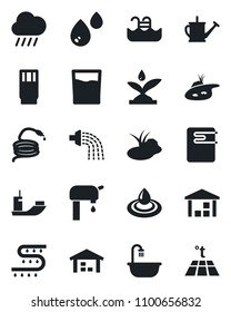 Set of vector isolated black icon - watering can vector, rain, hose, pond, drip irrigation, sea shipping, warehouse, pool, water supply, bathroom, drink, heater, warm floor