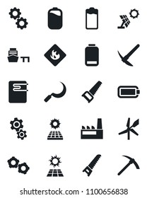 Set of vector isolated black icon - gear vector, saw, sickle, sea port, flammable, battery, low, sun panel, factory, water heater, windmill, hard work