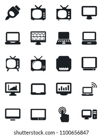 Set of vector isolated black icon - wireless notebook vector, pc, monitor pulse, tv, touch screen, laptop, hdmi, statistics
