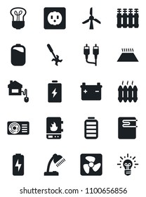 Set of vector isolated black icon - ripper vector, battery, rca, charge, desk lamp, heater, air conditioner, home control, socket, fan, water, radiator, warm floor, bulb, windmill, idea