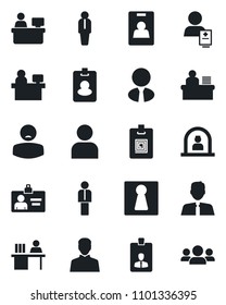 Set of vector isolated black icon - female vector, reception, manager, identity card, place, patient, user, desk, estate agent, pass, group