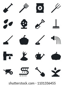 Set of vector isolated black icon - job vector, shovel, farm fork, rake, watering can, wheelbarrow, sproute, hoe, pumpkin, seeds, fertilizer, drip irrigation, fruit tree