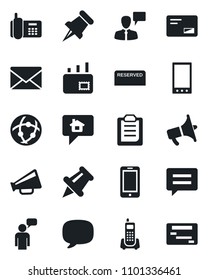 Set of vector isolated black icon - mobile phone vector, speaking man, mail, office, loudspeaker, paper pin, message, network, clipboard, reserved, home, schedule