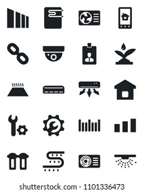Set of vector isolated black icon - identity card vector, drip irrigation, sorting, barcode, chain, root setup, air conditioner, smart home, water heater, control app, filter, warm floor, sprinkler