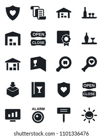 Set of vector isolated black icon - contract vector, statistic monitor, plant label, heart diagnostic, shield, warehouse, package, search cargo, sertificate, alcohol, wine card, open close