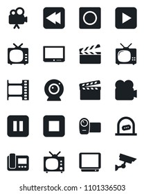 Set of vector isolated black icon - ticket office vector, clapboard, film frame, tv, video camera, play button, pause, stop, rewind, record, web, intercome, surveillance