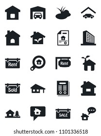 Set of vector isolated black icon - office building vector, house, pond, contract, with garage, tree, estate document, sale, rent, sold signboard, search, smart home, eco, message