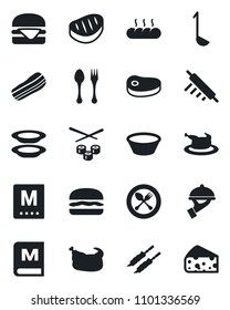 Set of vector isolated black icon - spoon and fork vector, menu, plates, bacon, waiter, bread, chicken, steak, kebab, hamburger, ladle, bowl, rolling pin, sushi, cheese