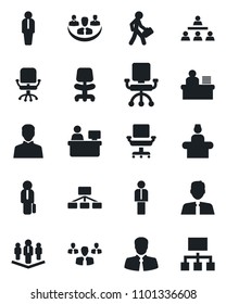Set of vector isolated black icon - reception vector, manager, office chair, place, client, user, company, desk, hierarchy, estate agent, group