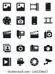 Set of vector isolated black icon - camera vector, clapboard, film frame, reel, video, phone back, mobile, gallery, photo, intercome, surveillance