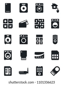 Set of vector isolated black icon - washer vector, calculator, speaker, phone back, sim, credit card, home control, chip, remote, router, usb flash