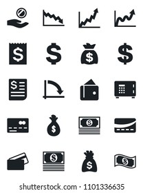 Set of vector isolated black icon - credit card vector, safe, dollar sign, money bag, crisis graph, cash, receipt, wallet, growth, investment