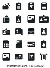 Set of vector isolated black icon - credit card vector, identity, gallery, sd, sim, archive box, wine, pass, wallet, pennon